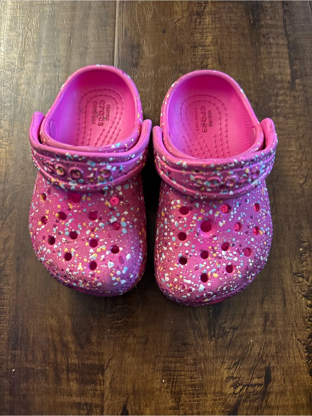 CROCS Kids' Classic Clog in Pink with Multi-Color Splatter